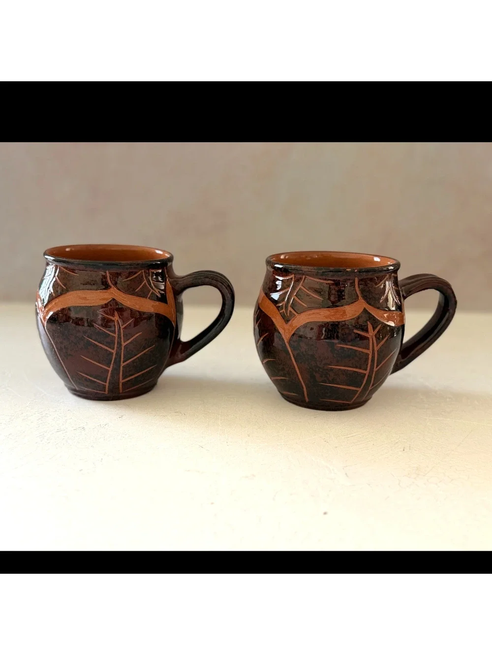 Wassi Art Jamaican Pottery Mug Pair | Hand Carved Leaf Redware Coffee Cups